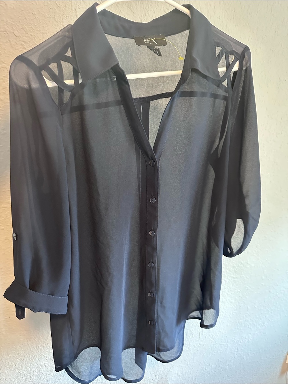 BCX Dark Navy Button-Down Shirt with Shoulder Cutouts